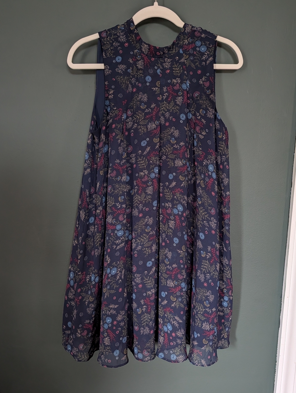 BCBGeneration Navy Floral High-Neck Swing Dress With Beautiful Tie Back Neck